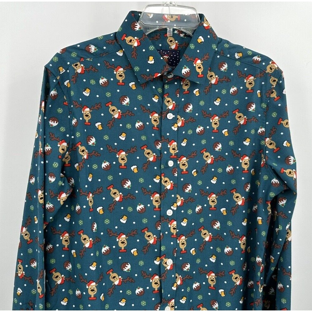 SIMON BANKS REINDEER BUTTON FRONT CHRISTMAS SHIRT Men's Size Medium Green‎